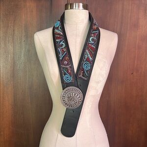 Leather Belt Beaded & Embroidered with Silver Buckle L